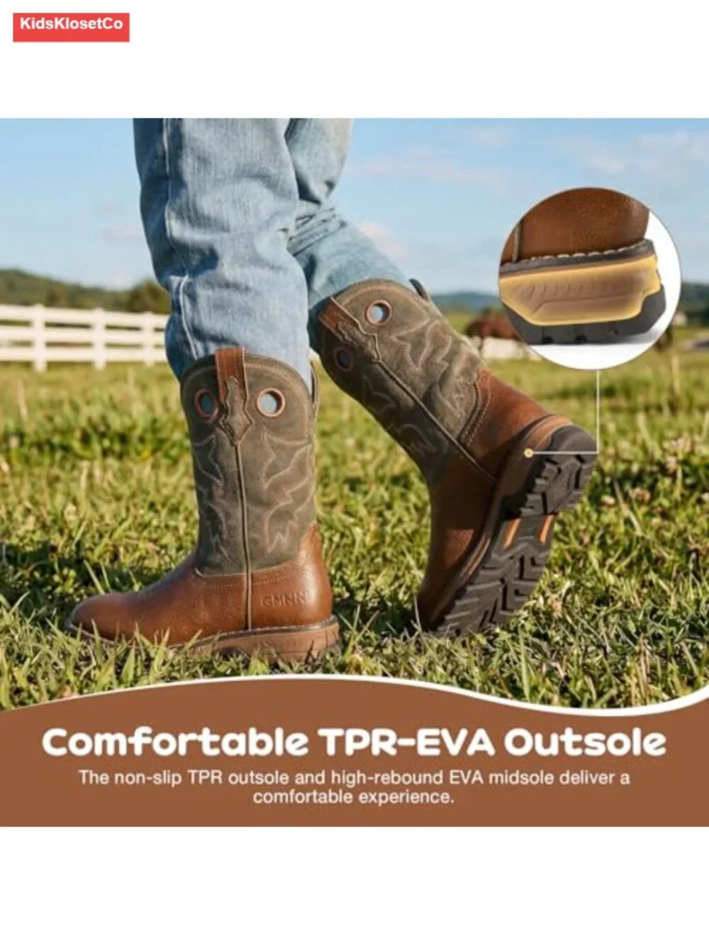 Kids Square Toe Cowboy Boots Comfortable Mid Calf Riding Shoes with Non-slip